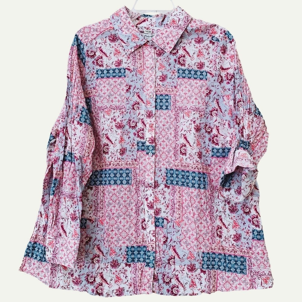 NWT Foxcroft Zoey Boho Roll-Tab Sleeve Shirt Women 18W Pink Floral Crinkle Top